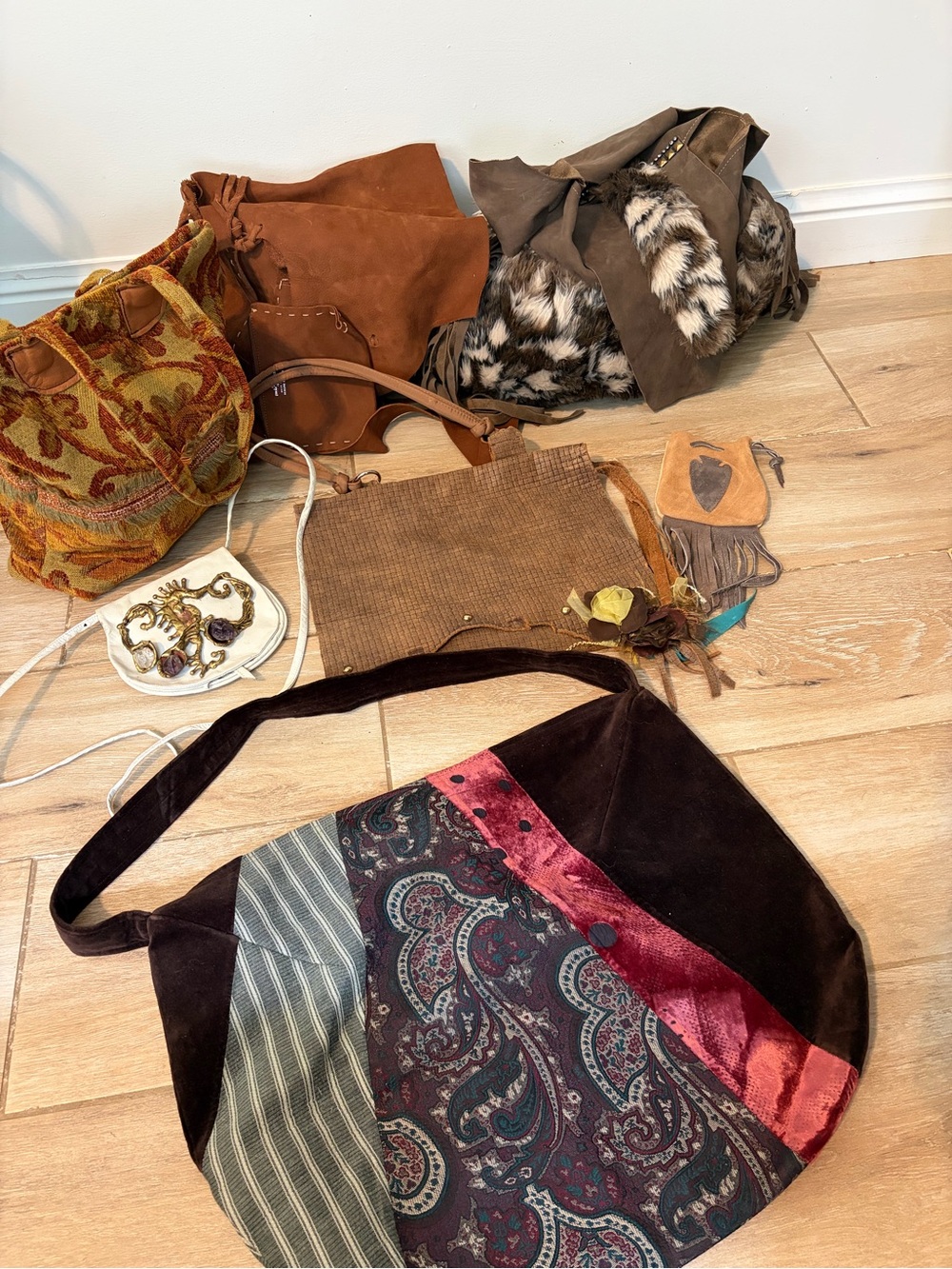 Boho Fur Fabric Patchwork Suede Shoulder Bag Bundle